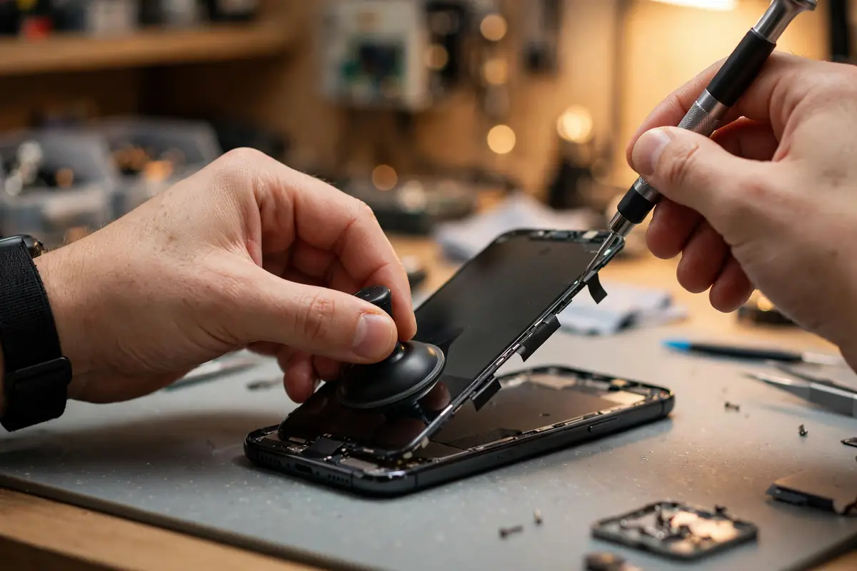 Illustrative photo: a technician repairing a smartphone on the workbench